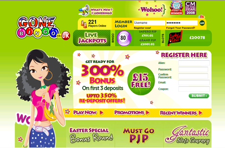 Join Gone Bingo UK for Free and get  £15 Free Bingo Money+ 300% Bingo Bonus